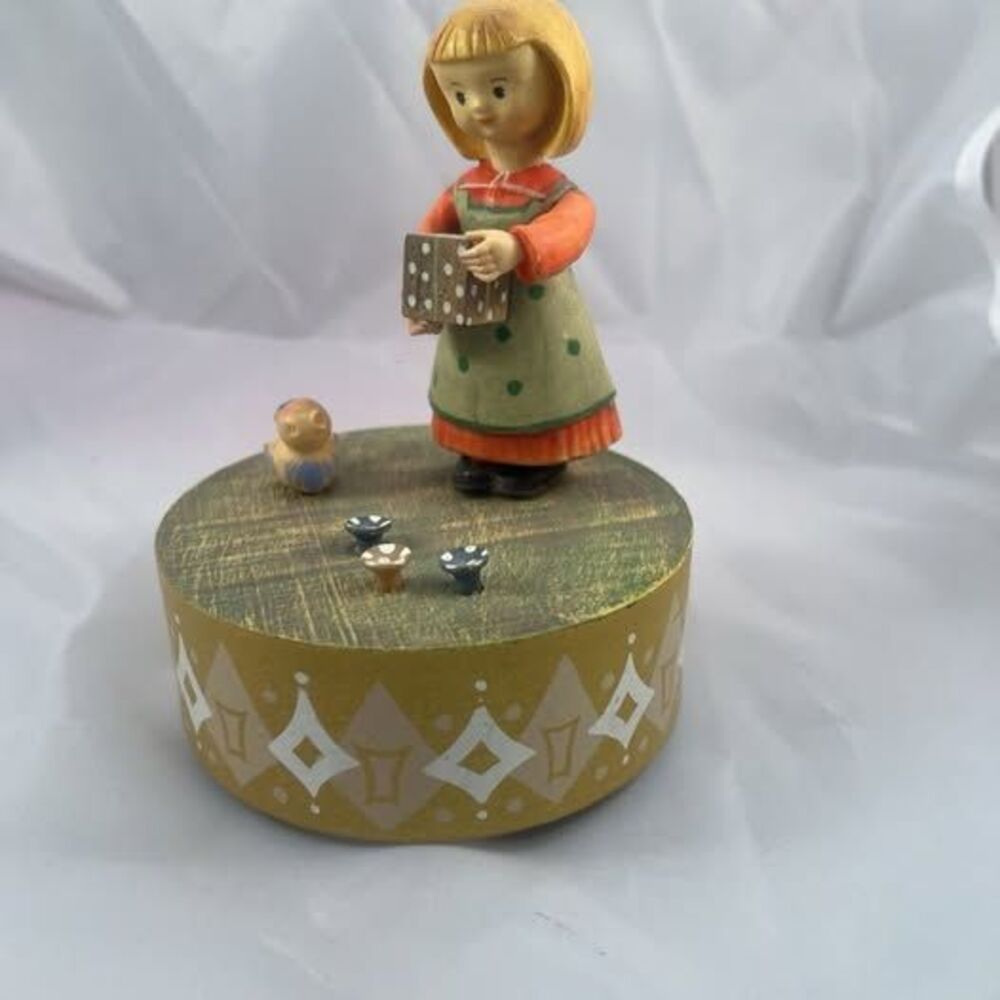 ANRI Hand-Carved Wooden Music Box -- Girl Figurine with Gift, Plays "Tie a Yello